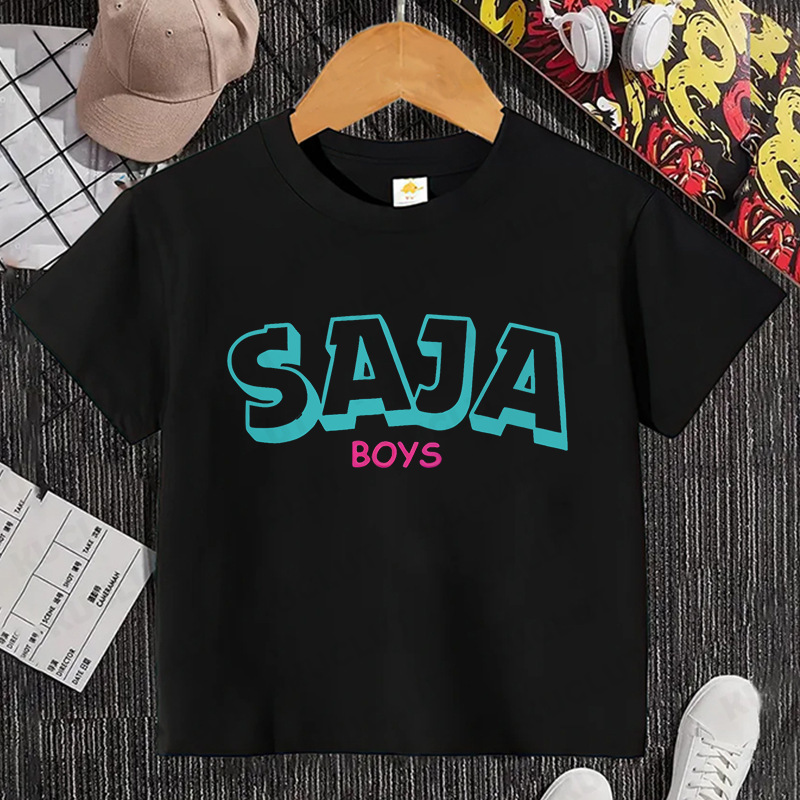 猎魔女团 Saja Boys印花精梳棉黑色圆领上衣短袖中小儿童T恤0707|undefined