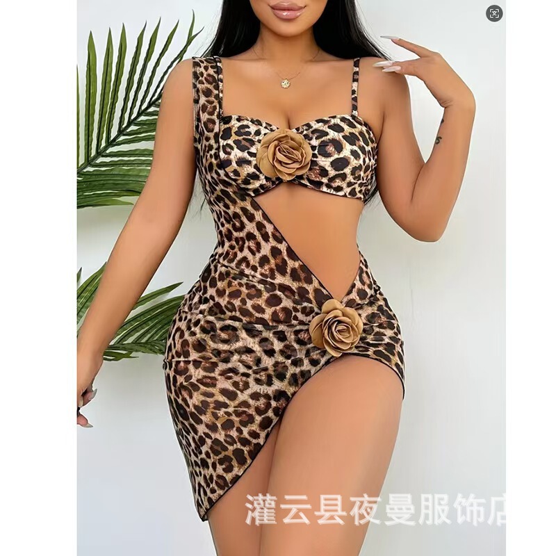 2026 New Model Aliexpress European and American Leopard Print Crop Top One-Piece Swimsuit for Women, Slimming Beach Bikini, Hot Spring Swimwear