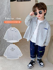 兒童春裝韓版上衣2023新款個性拼接長袖襯衫男童春秋條紋開衫外套