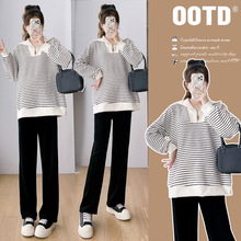 实拍现货2025新款孕妇丝绒加厚条纹拼接立领休闲简约套头卫衣