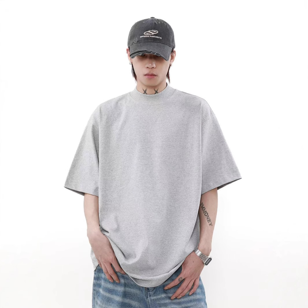 320Gba estilo de casa pequeño cuello de cuello alto mangas cortas camiseta de hombre hombro caído casual pareja casual en la parte superior versátil