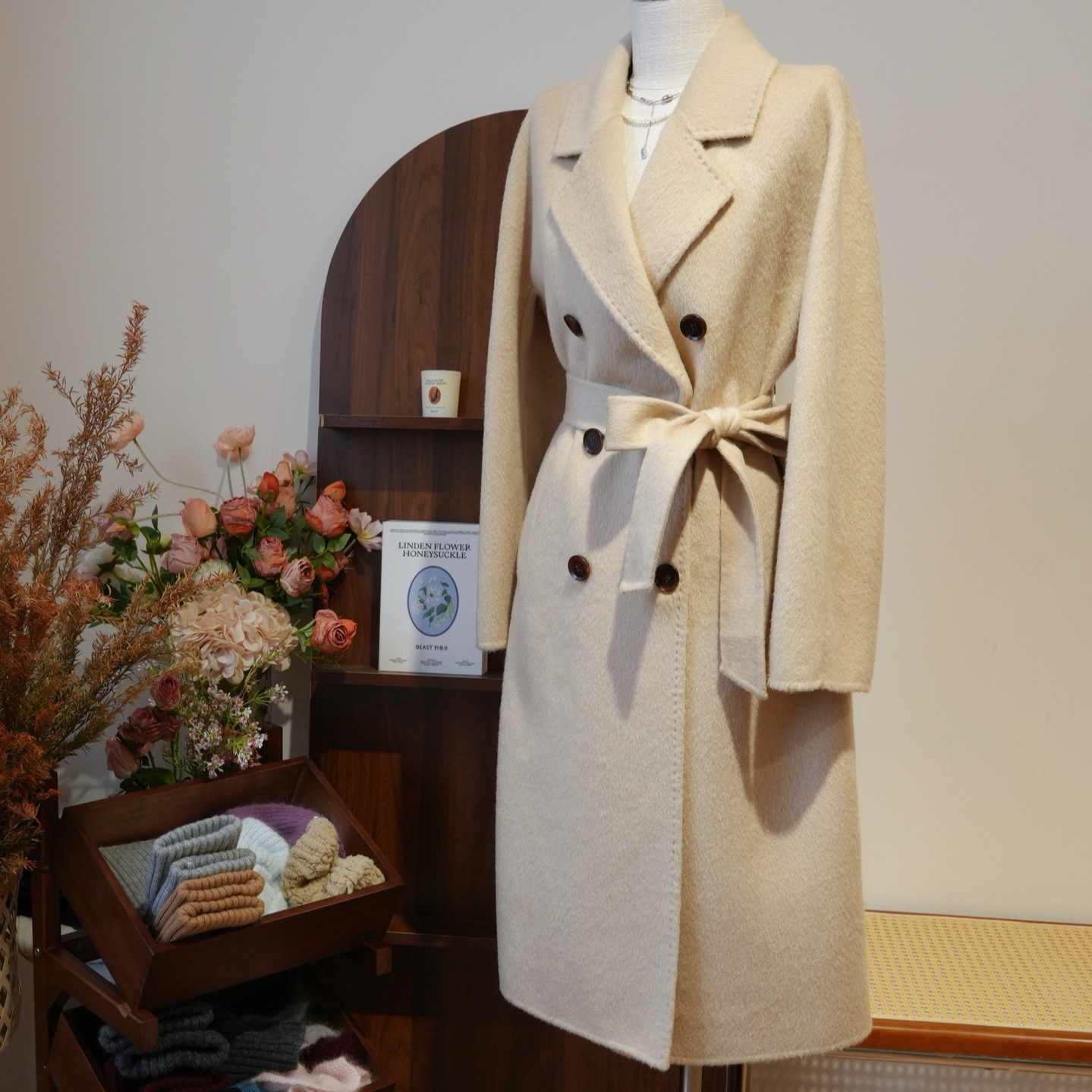 Zhenxi White Velvet m's 100% Camel Velvet Cocoon Type Double-Sided Woolen Outwear Classic 801 Lace-Up Double-Breasted Outwear for Women