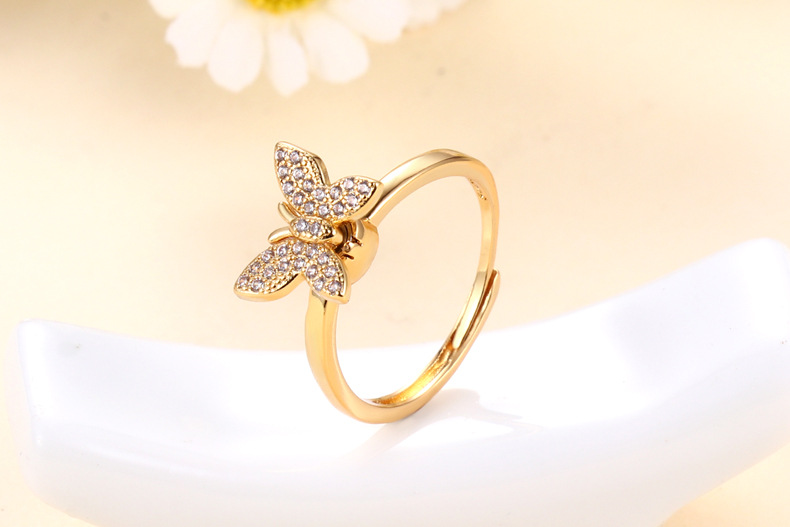 Daily Occasion Brass Material Retro Butterfly Brass Plating Inlay Zircon 24k Gold Plated Rings
