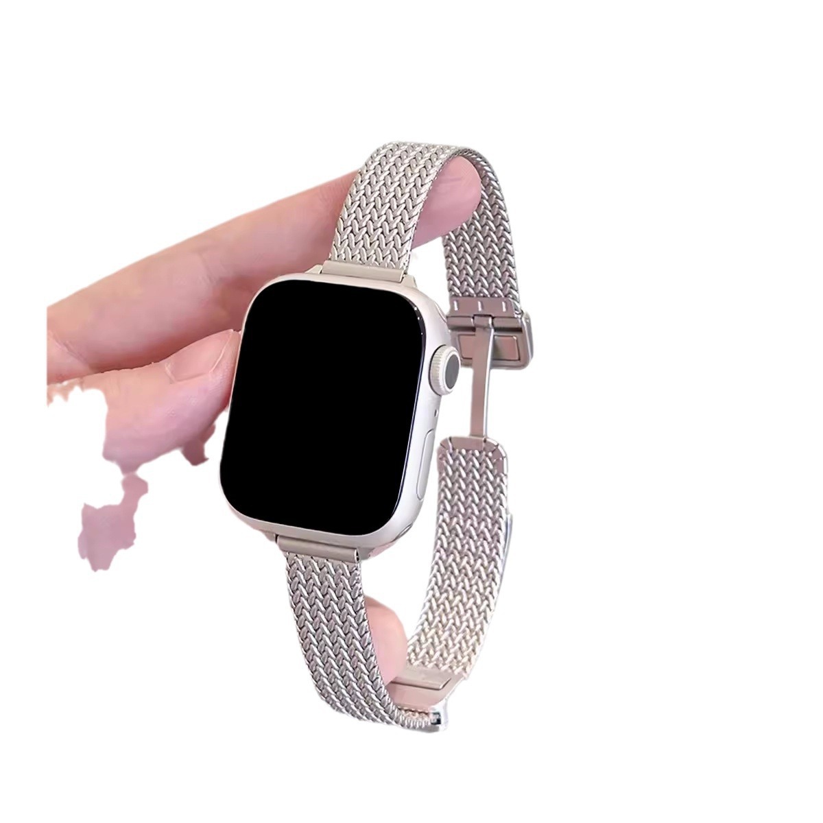 Aplicable para Apple Watch acero inoxidable metal de trigo herringbone hebilla de succión cintura pequeña correa de mujer