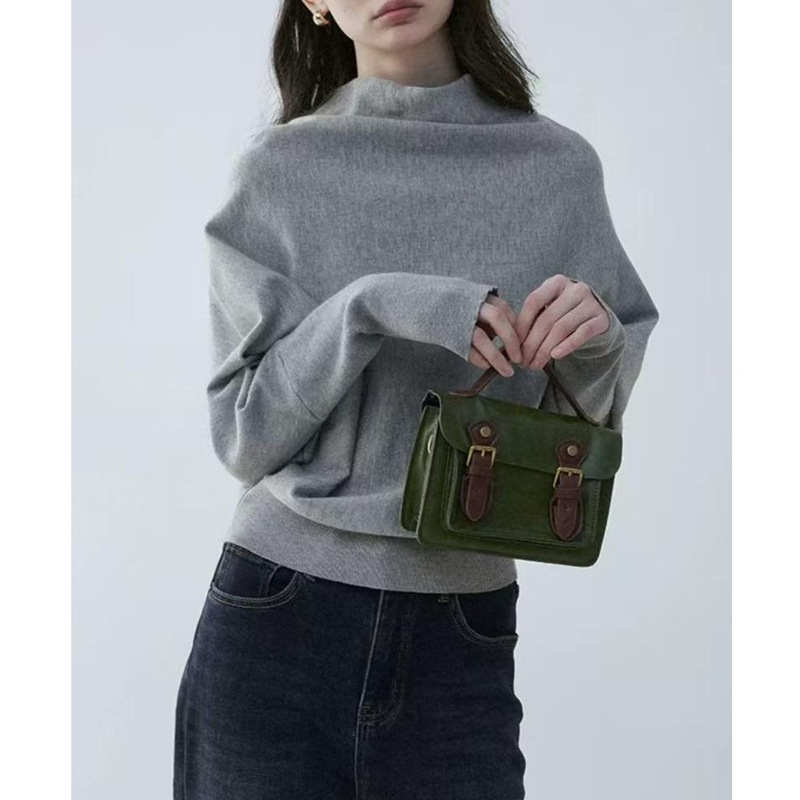 Mustard Pie Half Turtleneck Batwing Sleeve Pullover Sweater for Women Early 2025 Autumn Solid Color Design Loose Top