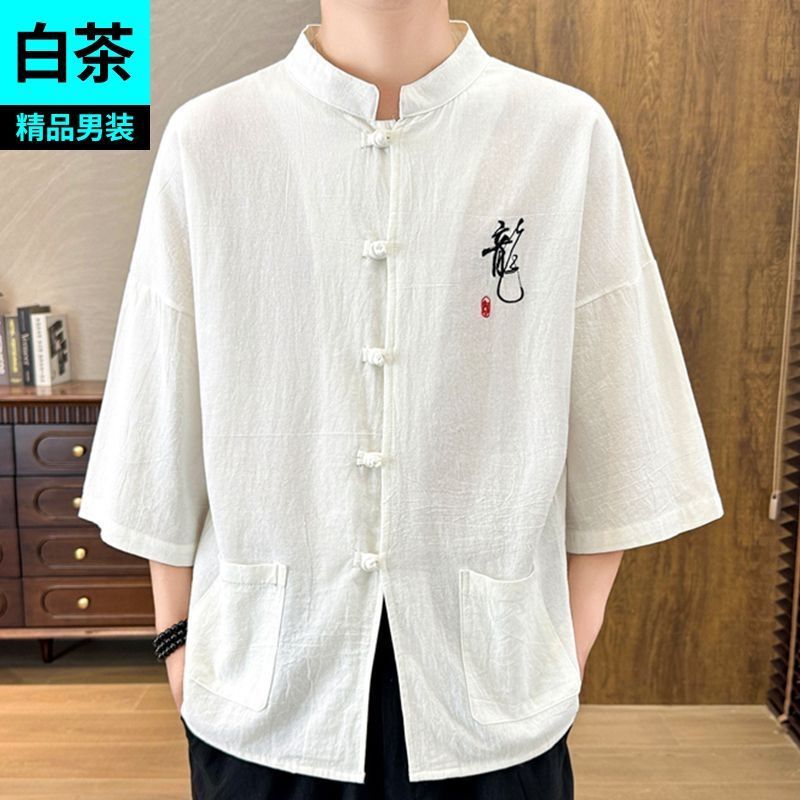 New Chinese Cotton Linen Short-sleeved Shirt Chinese Style Men's Summer Loose Top Seven-sleeved Embroidered Buckle Shirt