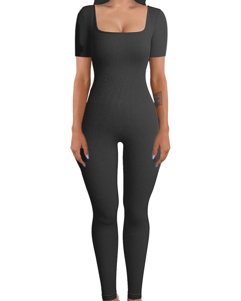 Women's Tight Jumpsuit Sexy Square Neck Solid Colour Hip Lifting_voghion.com