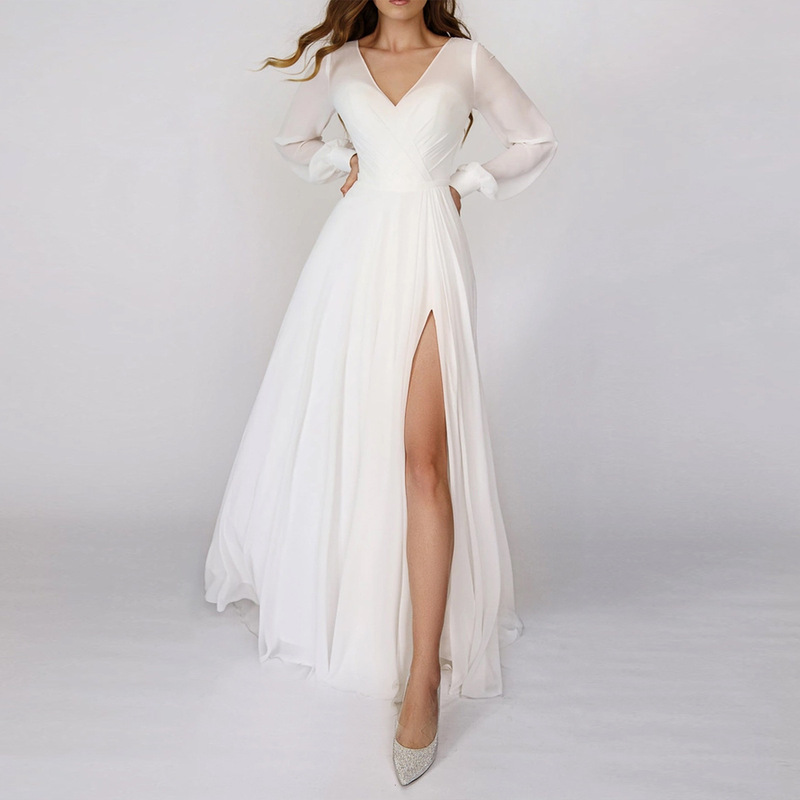 European and American Wedding Dresses 2026 New Style Amazon Chiffon Slit Long-Sleeve V-Neck Elegant Slim Light Wedding Dress Wholesale Summer
