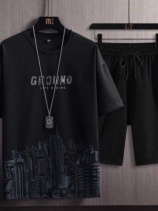 Ice Silk Gradient Suit Two-Piece Men's Short-Sleeved T-Shirt Summer Fashion New Casual Shorts Sports Handsome Men's Clothing