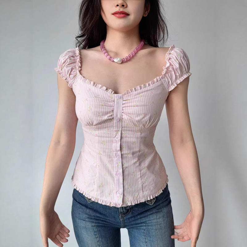 Cross-Border Temu Independent Site Tk Code Women's European and American Style Puff Sleeve Shirt Top French Versatile Slim-Fit Short-Sleeve Blouse Cross-Border Temu Independent Site Tk Code Women's European and American Style Puff Sleeve Shirt Top French Versatile Slim-Fit Short-Sleeve Blouse
