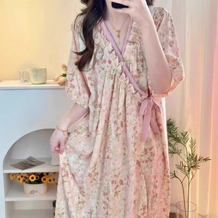 High-End Monet Garden Short-Sleeved Cloud Cotton Nightgown Women's Long Summer 2025 New Pajamas Bathrobe Home Clothes