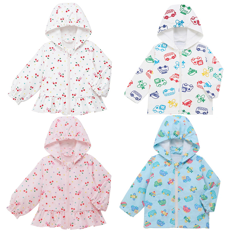 In-Stock Cute Hooded Cardigan for Boys and Girls, Japanese-Style Baby Cartoon Car Cherry Print Jacket, Air Conditioning Shirt, Dropshipping