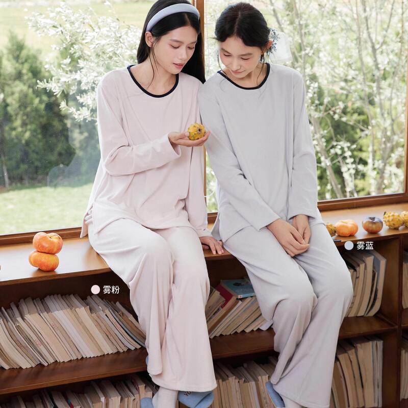 883 Korean-style color-blocked round-neck home wear set, double-sided brushed autumn pajamas, soft and skin-friendly two-piece set for autumn and winter