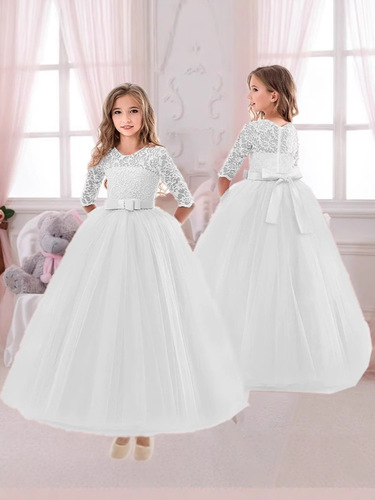 Girls' Bow Puffy Skirt Flower Girl Wedding Dress Children's Dress Girl's Dress Princess Three-Quarter Sleeve Dress