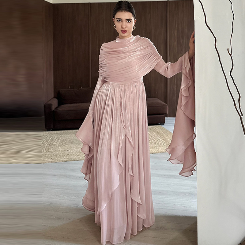 2025 New European and American Amazon Cross-Border Export Women's Casual Skirt Slit Pleated Pure Pink Elegant Dress 2025 New European and American Amazon Cross-Border Export Women's Casual Skirt Slit Pleated Pure Pink Elegant Dress