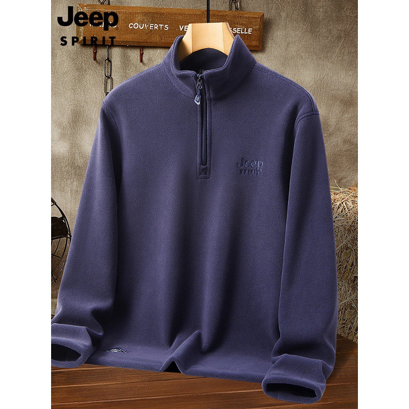 Jeep half-zip sweatshirt men's pullover fleece jacket warm and fleece-lined autumn and winter outdoor stand-up collar fleece jacket for men