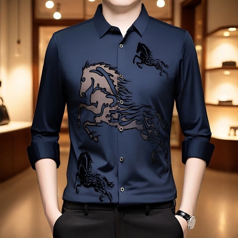 Spring New Style Men's Jacquard Long-Sleeved Shirt, High-End Fashionable Rhinestone-Embellished Men's Stretchy Wrinkle-Free Stylish Shirt Spring New Style Men's Jacquard Long-Sleeved Shirt, High-End Fashionable Rhinestone-Embellished Men's Stretchy Wrinkle-Free Stylish Shirt