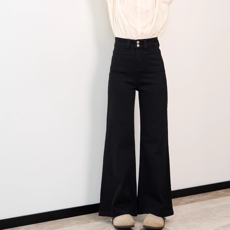 Black Straight-Leg Flared Jeans for Women, Autumn High-Waisted, Loose Fit, Slimming, Pear-Shaped Figure, Narrow Version, Bell-Bottom Pants