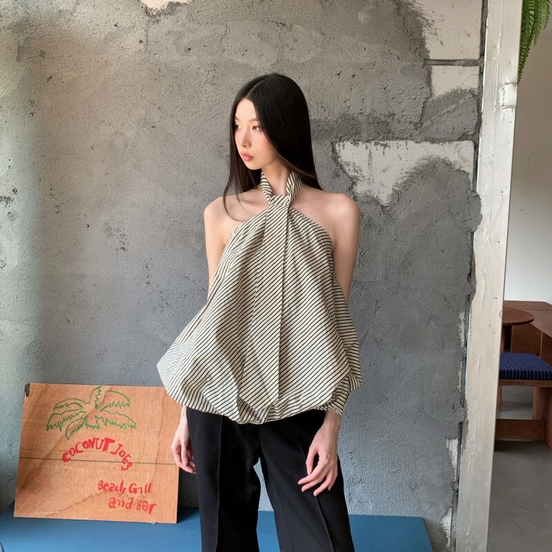 Striped Neck Tie Cloud Strap Loose Top Women's Summer New