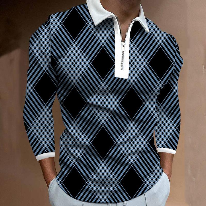 Camisa POLO de solapa de hombre básica simple con estampado digital, camisa delgada de manga larga con cremallera MB14