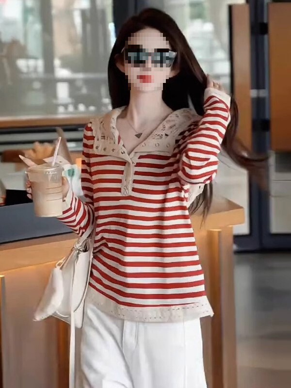 Red Stripesd Lace Hoodie Spliced T-Shirt for Women 2025 Autum New Fashion Casual Versatile Long-Sleeved Top Red Stripesd Lace Hoodie Spliced T-Shirt for Women 2025 Autum New Fashion Casual Versatile Long-Sleeved Top