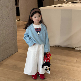 2025 New Autum Children's Clothing Korean Style Children's Clothing Girls Cartoon Fake Two-Piece Denim Shirt Liu Tianxian Wear