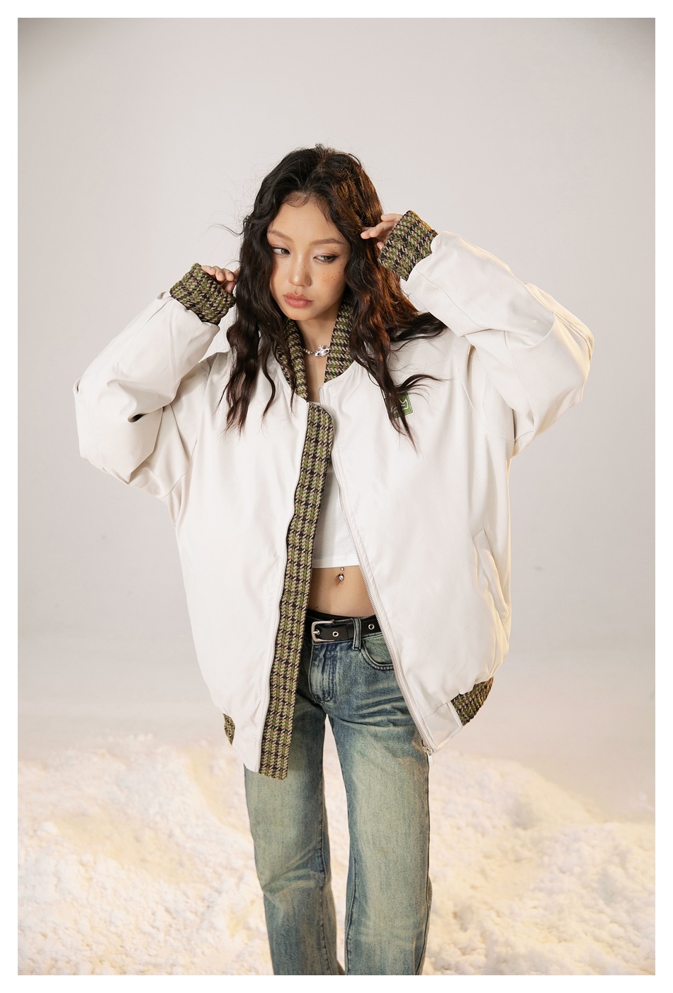 STIWAUP Thousand Bird Grid Splicing Trendy Pilot Coat Winter Men's and Women's Cotton Jacket MY388_voghion.com