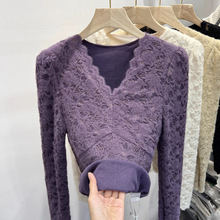 设计感领加绒加厚磨毛蕾丝打底衫女2024秋冬新款洋气内搭上衣潮