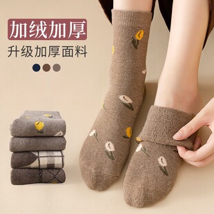 Zhuji socks women's winter fleece-lined thick warm terry socks ladies cute mid-tube socks autumn and winter sleep floor socks