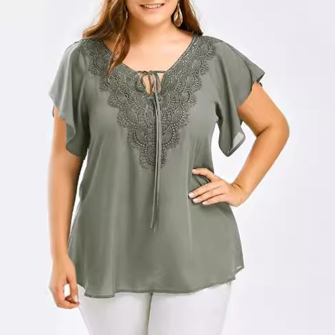 Amazon's Popular Women's Bell Sleeve ShorT-sleeved T-shirT Lace Splicing Top Plus Size Women's CloThing