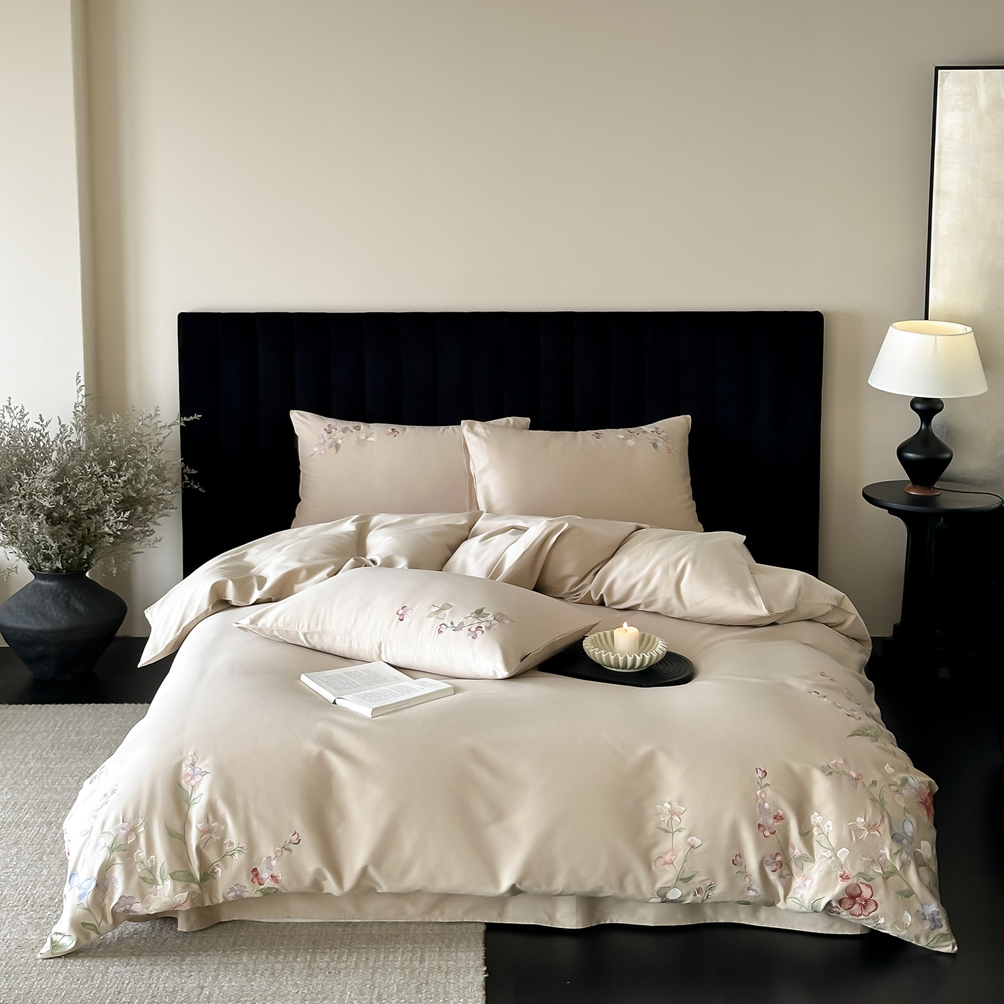 Pequeño fresco estilo coreano viento pastoral otoño invierno algodón molido cuatro piezas flores bordadas colcha de cama blanca