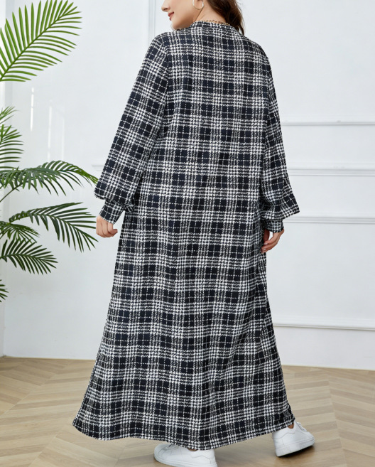 Cross-border Middle Eastern Muslim Women's Black And White Plaid Robe, Loose Plus-size Round-neck Long Dress Abaya_ecoleips.com