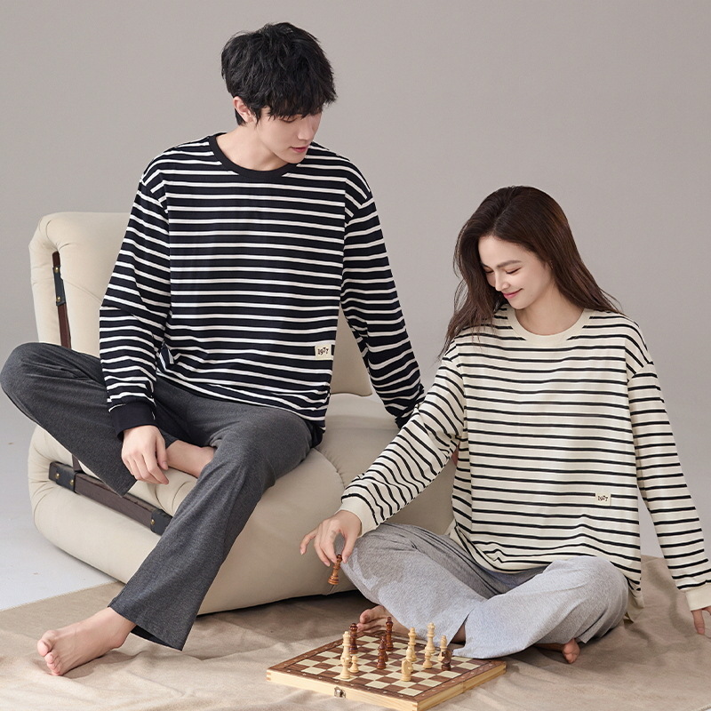 A类抗菌情侣秋冬季纯棉睡衣女士长袖宽松条纹休闲可外穿家居服男
