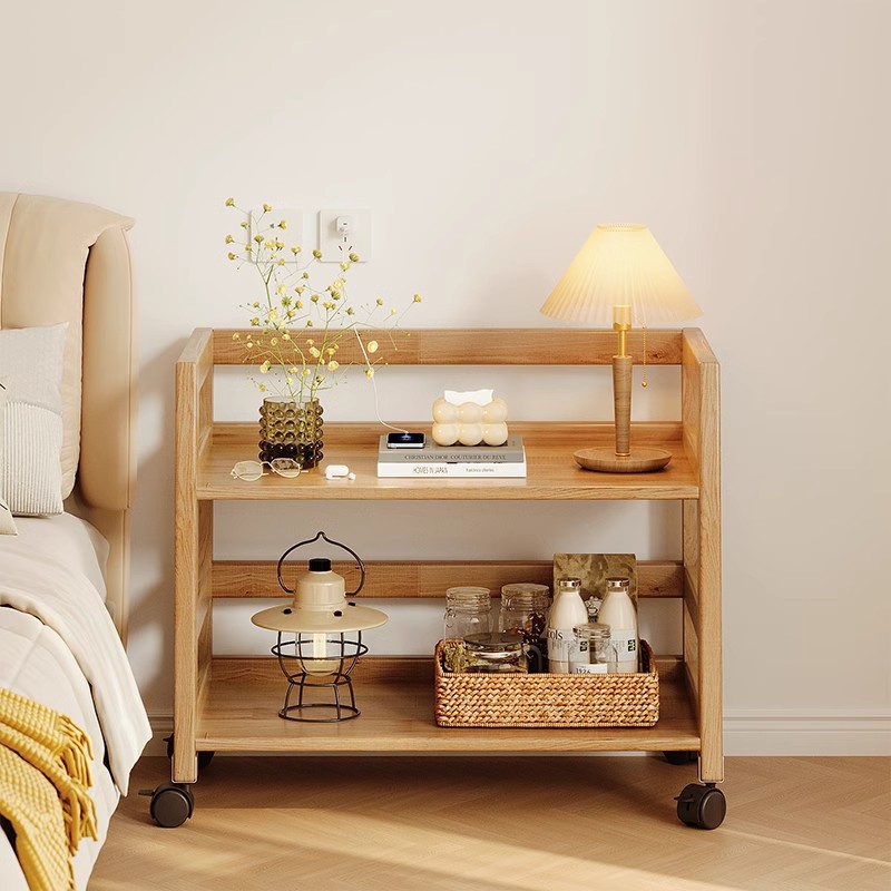Rack de mesita de noche de madera maciza de color madera de piso a techo en el lado de la sala de estar, cochecito de varios pisos, estante de almacenamiento extraíble para dormitorio