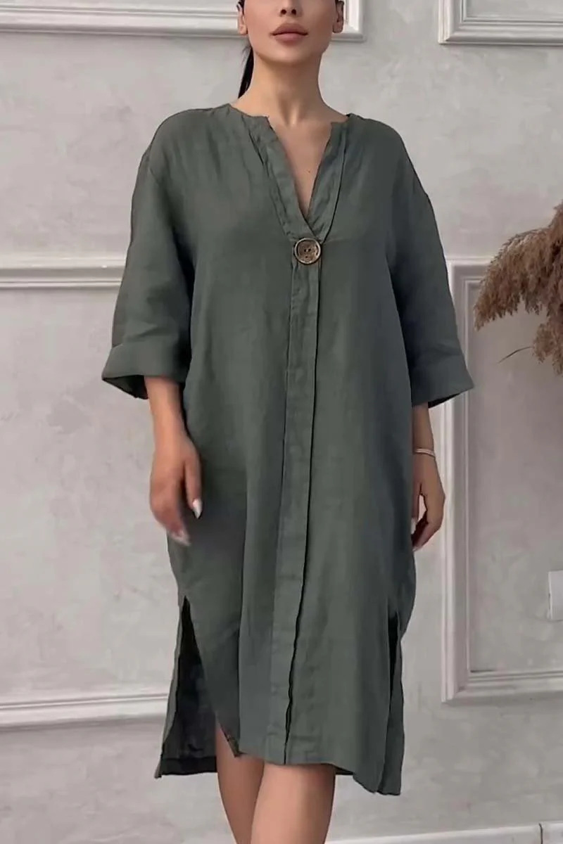 Shirt Dress Dresses Type Wholesale Women's Casual Button Solid Color Holiday Round Neck 3/4 Length Sleeve Shirt Dress