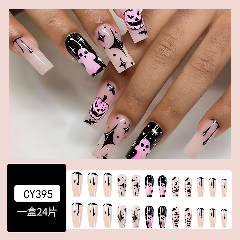Ventas transfronterizas calientes de Halloween parches de uñas dulces y frescos negro y púrpura dibujos animados fantasmas de uñas largo ballet elegante manicure image 3