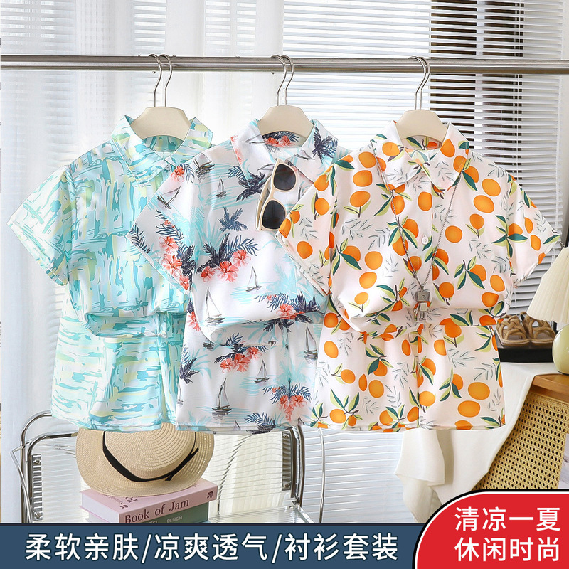 New Summer Casual Short-sleeved Shirt suit Boy's Beach Flower Shirt Trendy All-match Loosen Shirt Children's Clothing