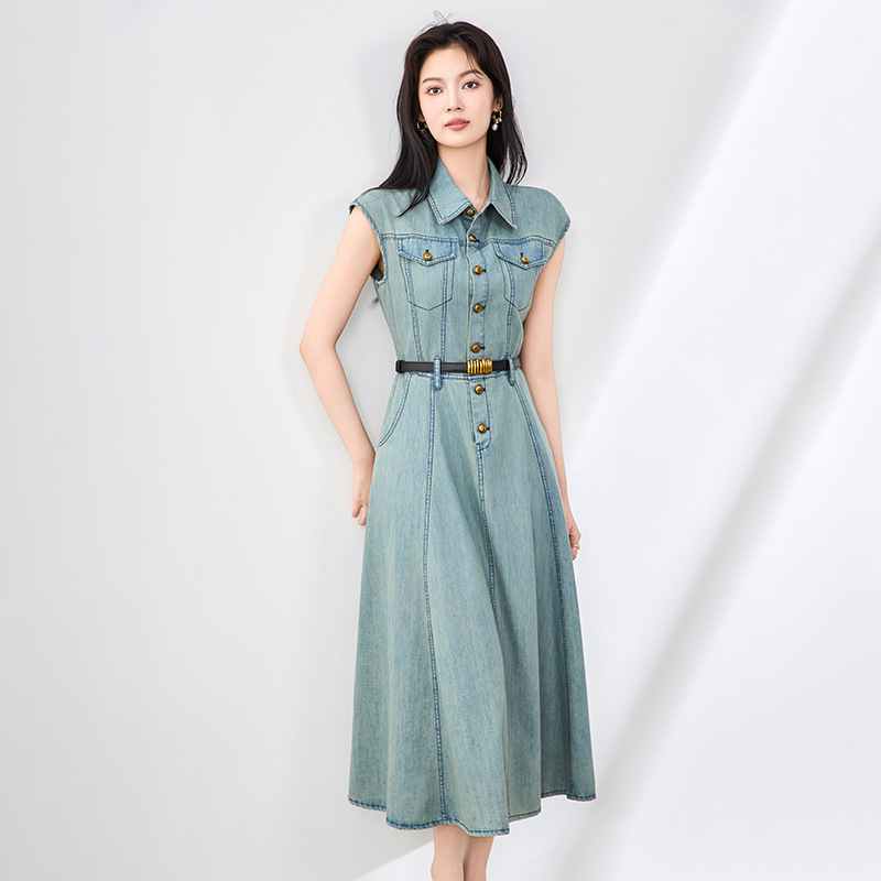 2507904-Guangzhou Style Retro Nostalgic Denim Dress Sleeveless Waist Large Hem French Long Skirt Nanyou Women's New Clothing