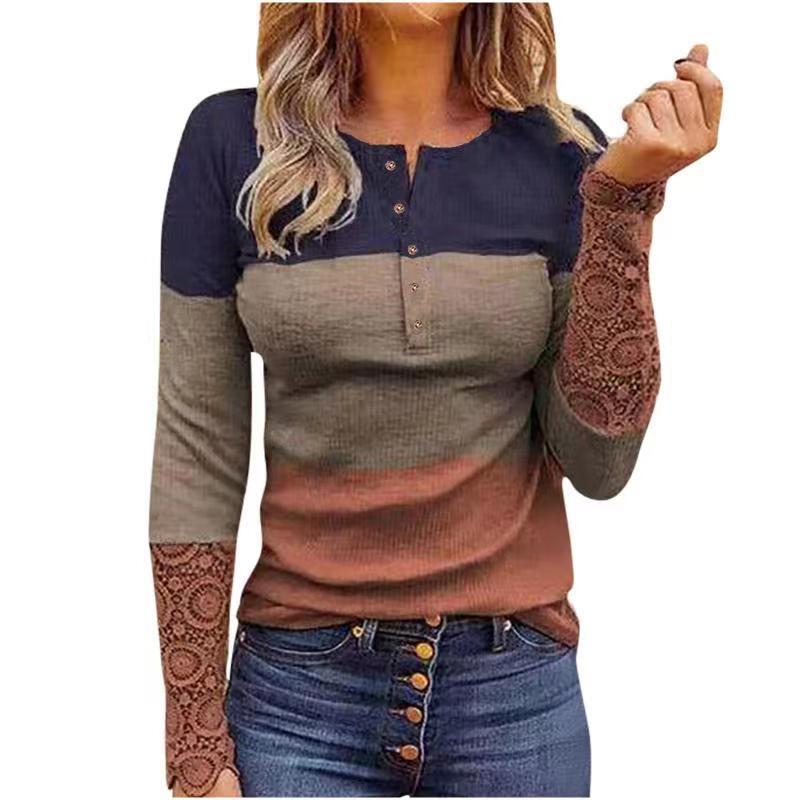 Cross-border New Amazon Lace Long-sleeve Pit Slim-fit Round Neck Printed Pullover Women's T-shirt