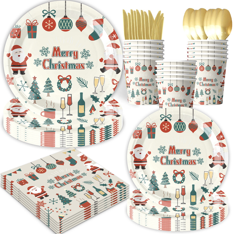 New Christmas Santa Claus Theme Children's Party Tableware Supplies Disposable Paper Cup Tissue Paper Tray Decoration