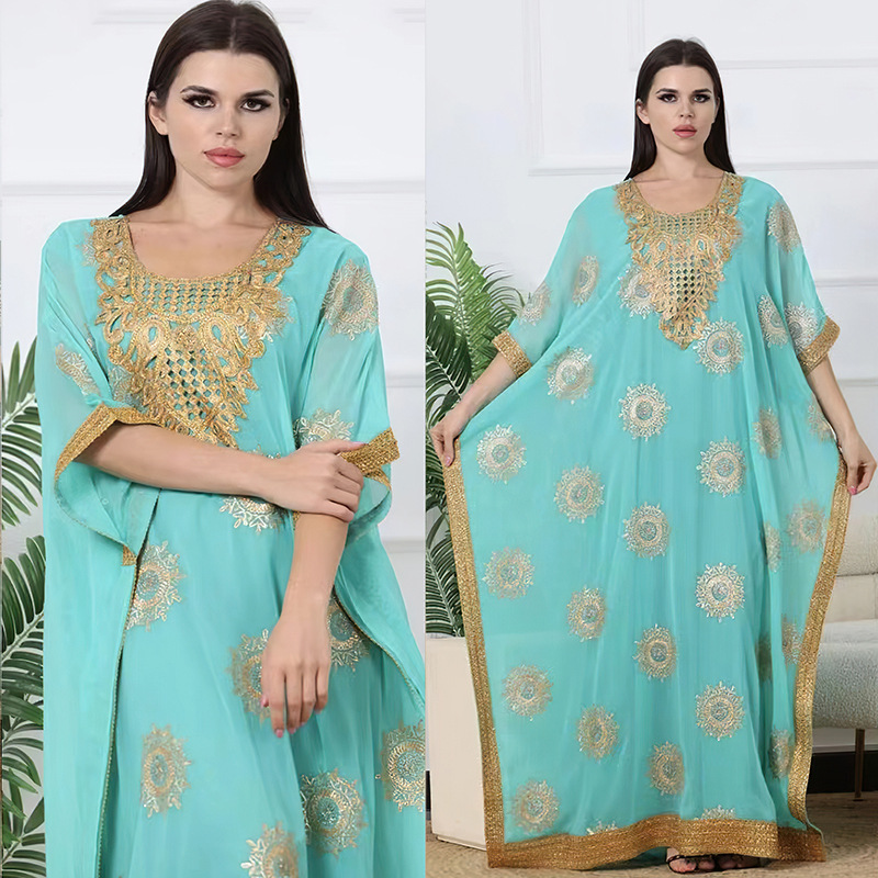 Cross-border European American Fashion Plus-size Dress, Hot-selling In The Middle East And Dubai, Gold-embossed Chiffon_ecoleips.com