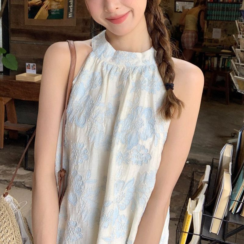 甜美新款印花套装挂脖背心2025夏季新款韩系气质纯欲度假风上衣女|undefined