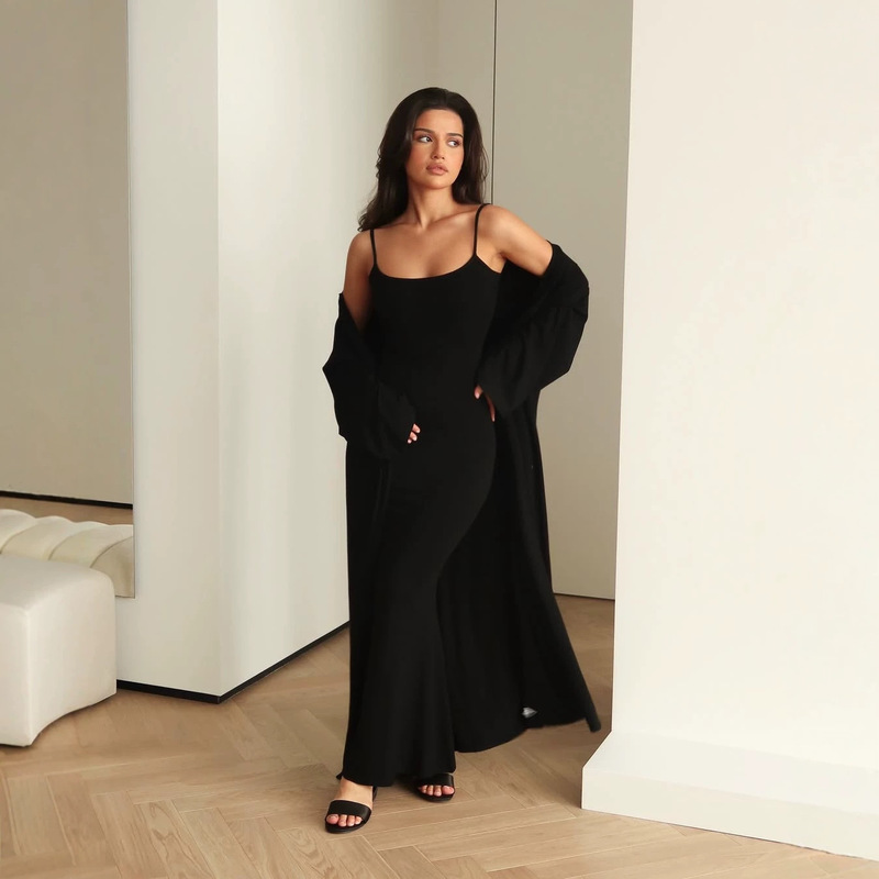 Cross-border foreign trade casual versatile solid color long cardigan jacket and dress two-piece set with a high-end casual feel