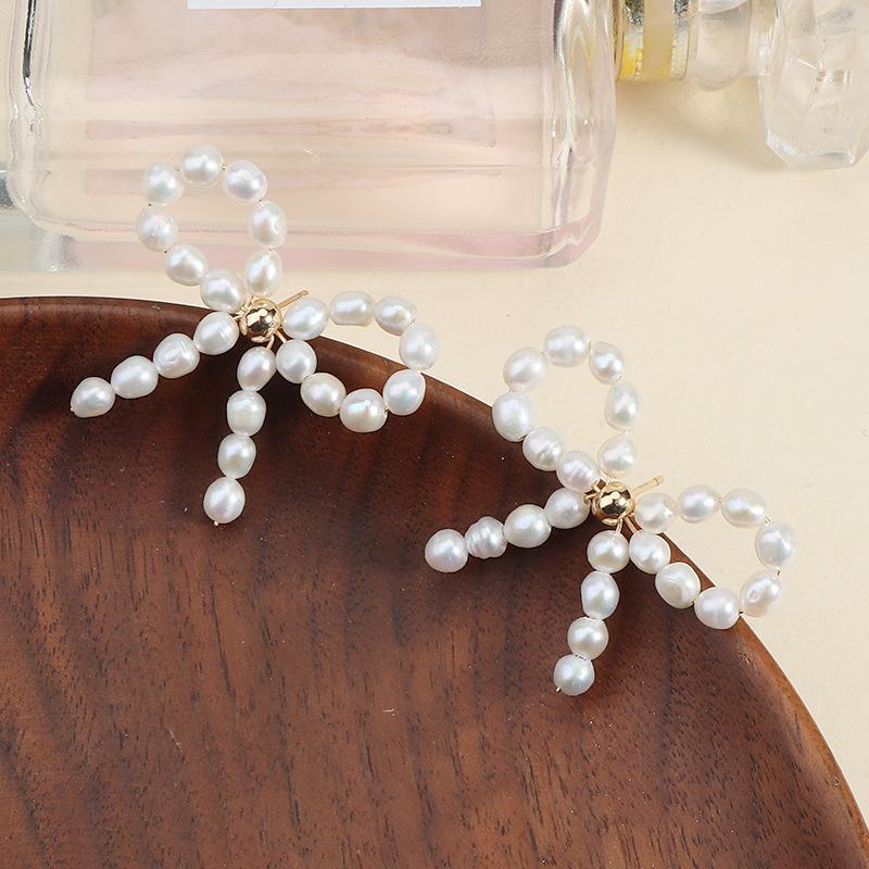 天然淡水珍珠耳環ins蝴蝶結少女心珍珠耳釘手工編織氣質簡約耳飾