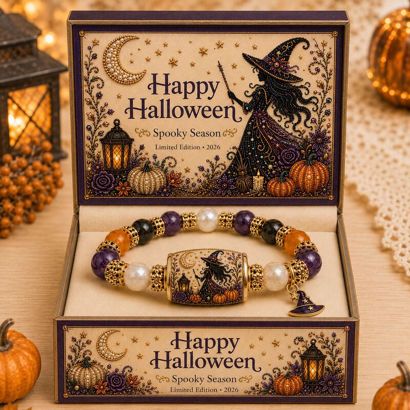 Halloween Bracelet Natural Chalcedony Ghost Pumpkin Round Tube UV Color Print Pendant Bracelet Halloween Pumpkin Bracelet