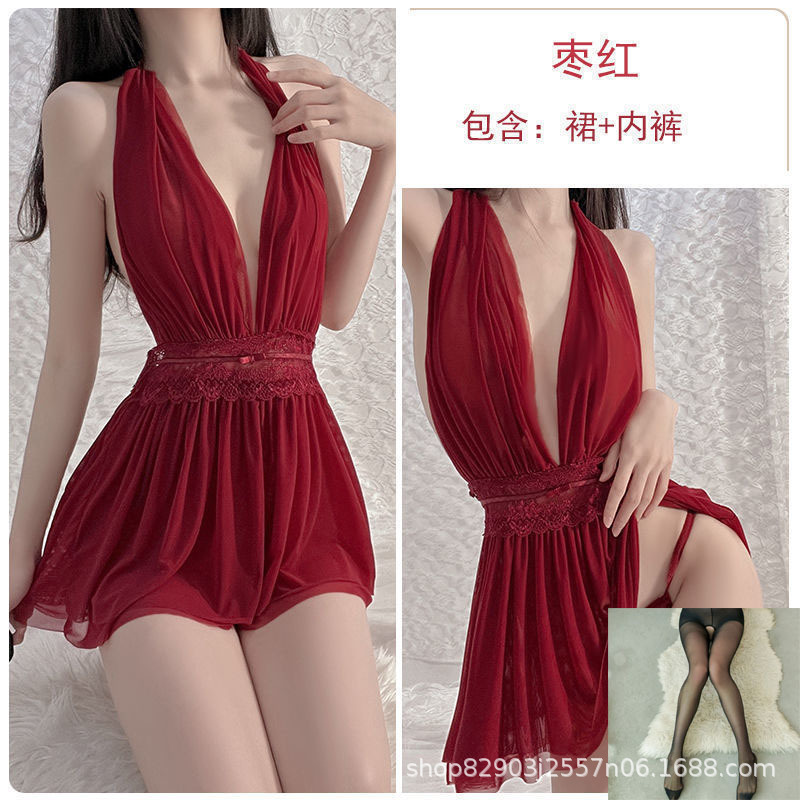 마룬 잠옷 + 속옷 + 블랙 가랑이 스타킹 q1500