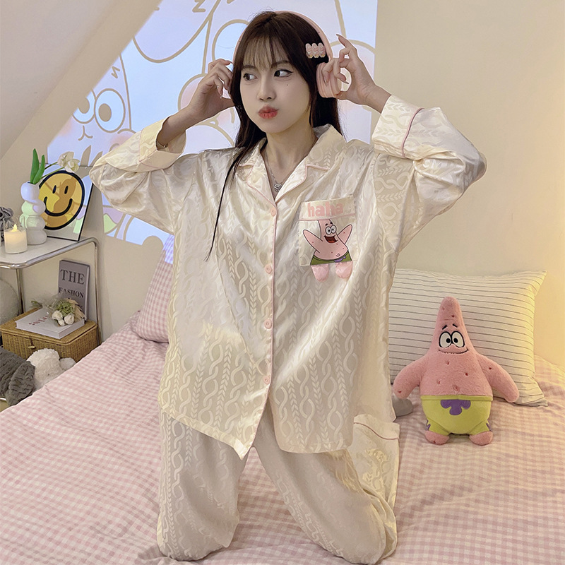 Paidaxing popular ins estilo pijamas de seda del hielo las mujeres otoño y el invierno cardigan manga larga dulce linda chica desgaste en casa traje