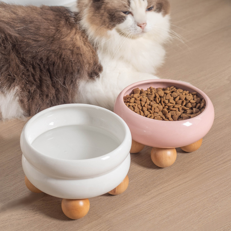 Nuevo tazón de mascotas de madera sólida círculo de madera marco de bolas de cerámica tazón de perro tazón de gato alimentación de agua alimento perro gato hogar