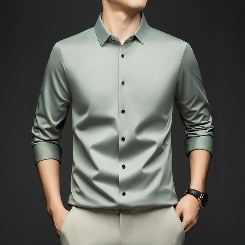 [Mulberry Silk Linen] Men's Long-Sleeved Shirt New Style No-Iron Anti-Wrinkle Business Casual Pure Color Seamless Shirt