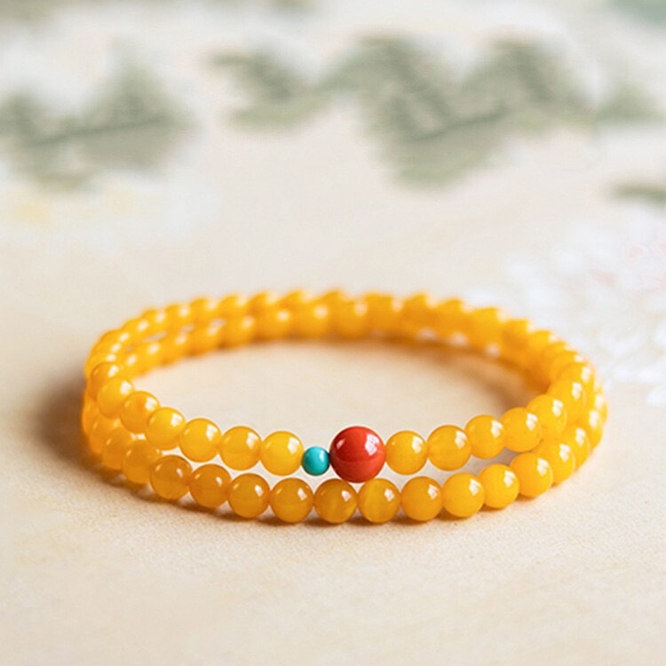 Beeswax Bracelet for Women, Imitation Chicken Oil Yellow Amber, Imitation Turquoise Multi-Treasure Bracelet, Double Circle, Personalized Women's Multi-Circle Bracelet